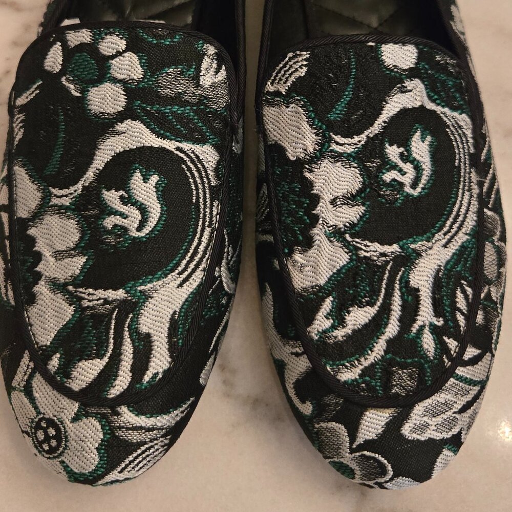Zara Basic Floral Tapestry Loafers in Black, Green, and White